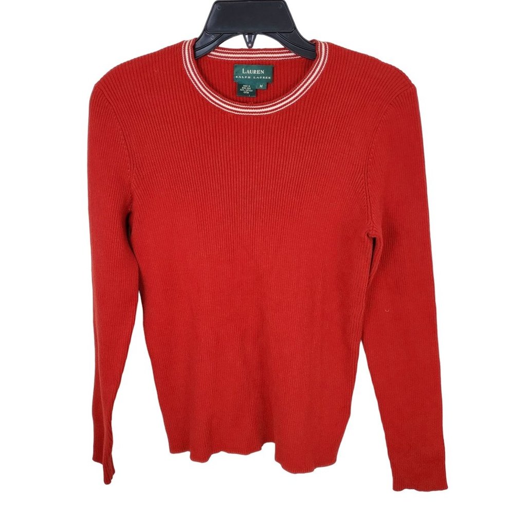 Lauren Ralph Lauren Red Cotton Crew Neck Ribbed Sweater M